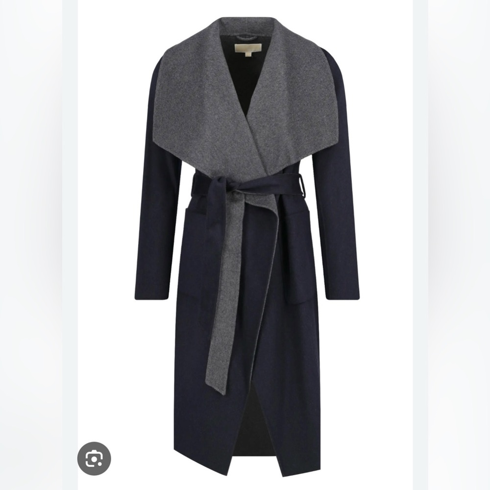 Michael Michael Kors Wool Stylish Navy and Gray Belted Coat